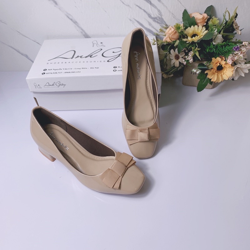 CG60- Giày cao gót da bóng mũi vuông gót trụ 3p nơ lụa hàng Việt nam xuất khẩu
