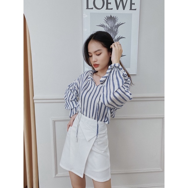Áo kiểu nữ tay phồng LUCETFASHION Blue Striped Blouse