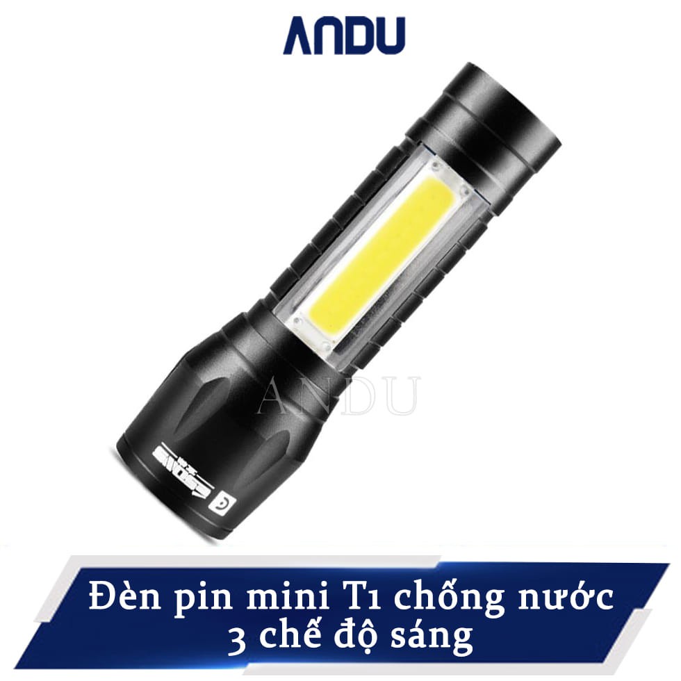 Đèn pin mini T1, Đèn siêu sáng  Zoom ánh sáng xa và gần, chống nước, Full Box + cáp sạc