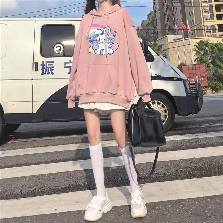 Áo hoodie ZHELIHANGFEI tay dài dáng rộng in hình thỏ cầu vồng phong cách preppy Nhật Bản