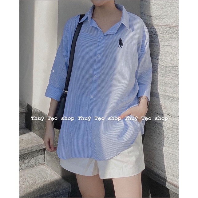 Áo sơ mi kẻ dài tay thêu logo - Áo sơ mi kẻ xinh xắn