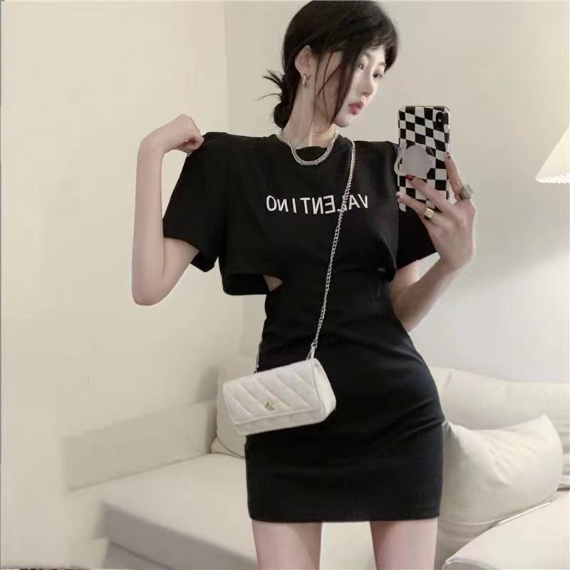 Pure Desire Hot Girl Đầm Ngắn Tay Cổ Tròn Hở Eo Phối Khóa Kéo Quyến Rũ Cho Nữ