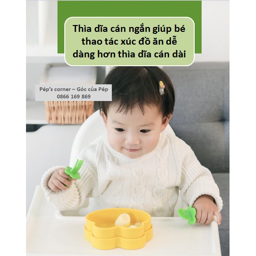 Thìa dĩa cán ngắn mom &amp; pea cho bé tập xúc kèm hộp đựng