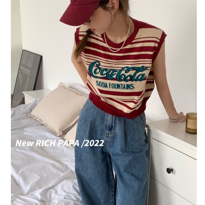 Áo tanktop XIAOZHAINV vải dệt kim sát nách kẻ sọc in chữ kiểu retro Hàn Quốc xinh xắn cho nữ