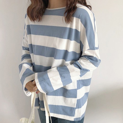 Áo thun tay dài dáng rộng họa tiết sọc thời trang Hàn Quốc cho nữ | BigBuy360 - bigbuy360.vn