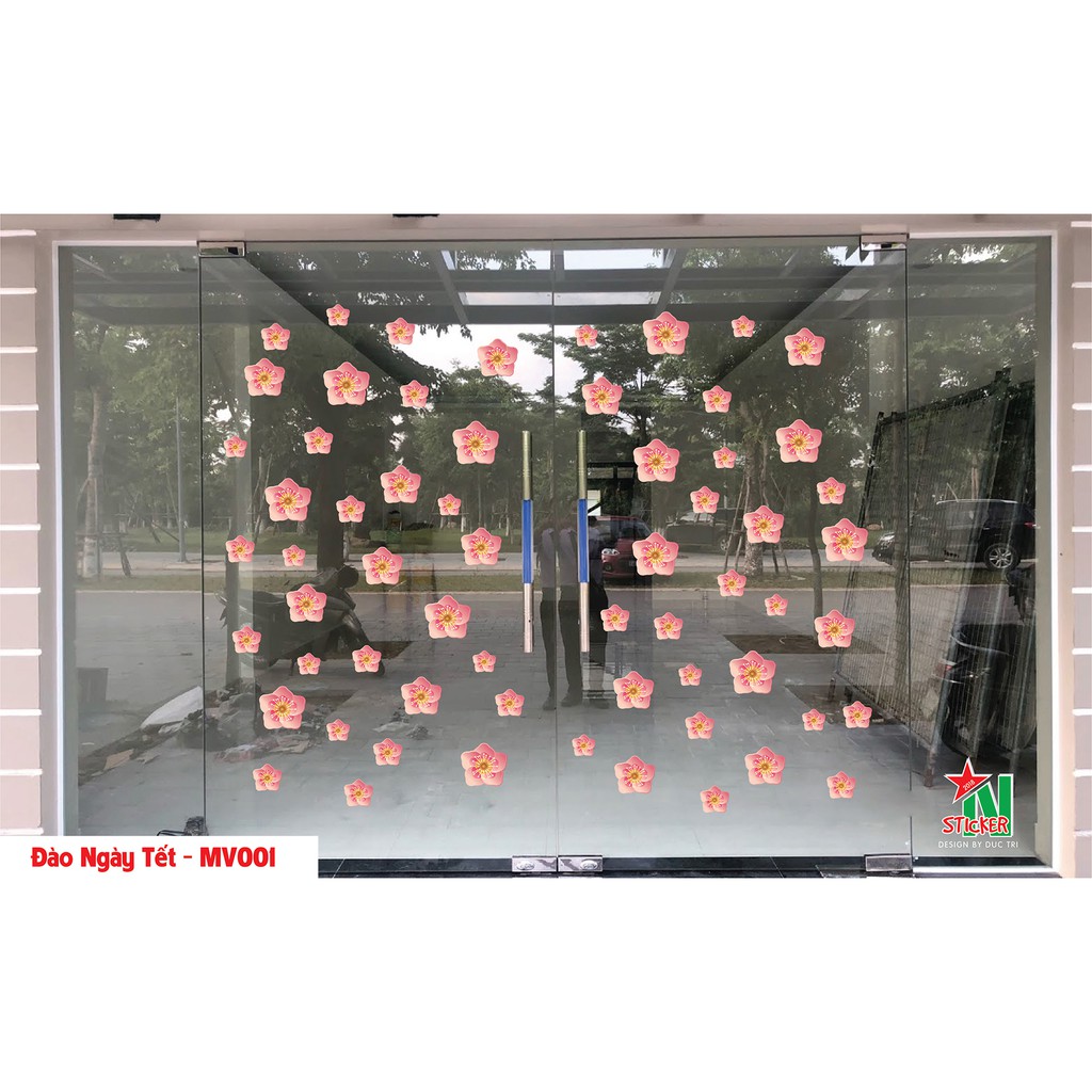 Đào ngày tết, tết 2022, decal trang trí tết, tết thuần việt, hoa đào trang dùng để trang trí cửa hàng, công ty, nhà cửa