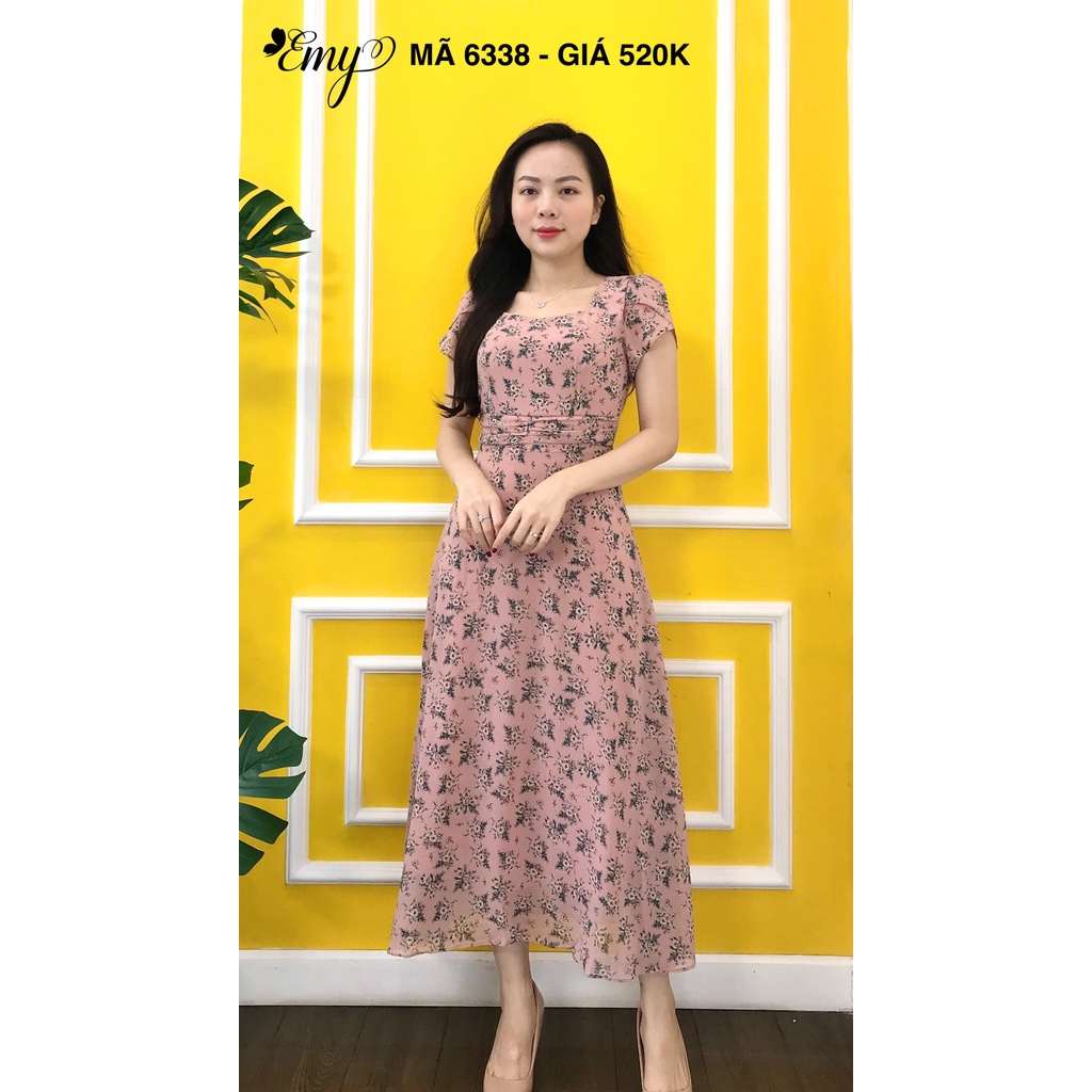 Đầm voan maxi hồng hoa nhí cổ vuông eo nhíu tay ngắn EM6338 - Váy EMY