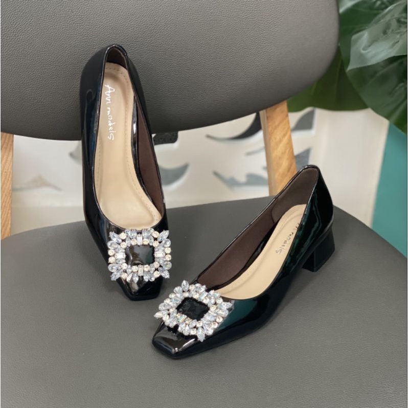 Giày cao gót mũi vuông gót trụ cao 3 phân gắn nơ đá