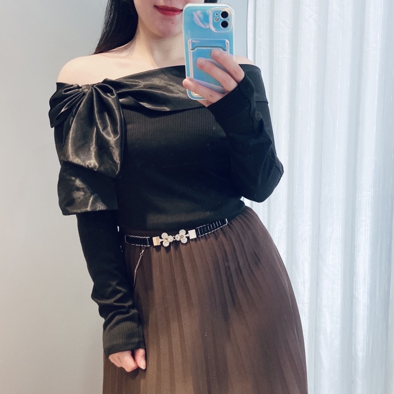 Áo trễ vai nơ lệch 💋THIẾT KẾ ĐỘC QUYỀN💋ẢNH THẬt💋 áo bẹt vai hở vai len tăm cổ nơ lệch phi lụa thiết kế