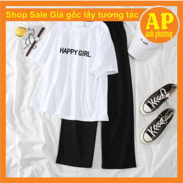 Sét áo Happy girl + quần suôngÁo phông form thụng tay lỡ chất cotton mềm mịn mix quần ống rộng chất cát hàn