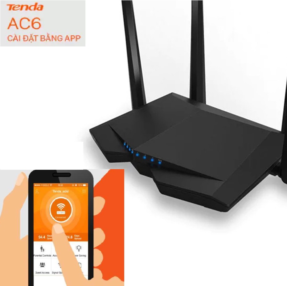 Bộ phát wifi Tenda AC6 4 râu băng tần kép chuẩn AC1200 Mbps sóng xuyên tường, Modem wifi tenda ac6,