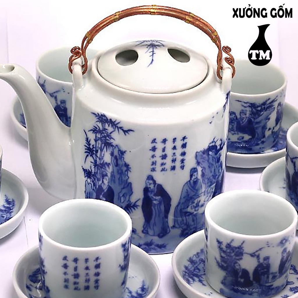 Bộ Ấm Tích Pha Trà Bát Tràng Hãm Chè Xanh men trắng cao cấp dáng lục giác vẽ bát tiên