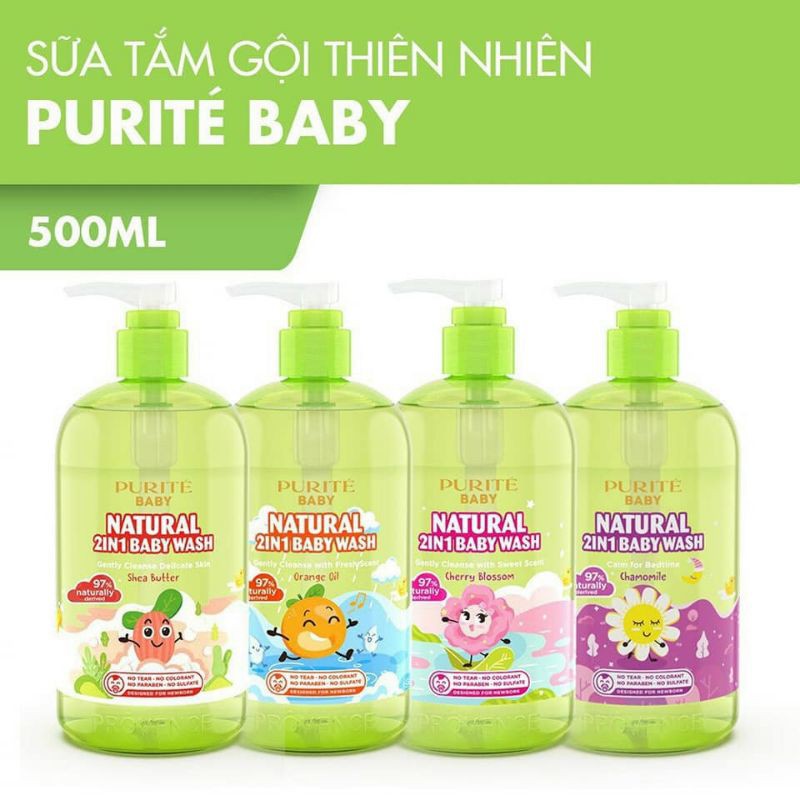 (date 18/03/2023) tặng kèm chai 58,5ml Sữa tắm gội thiên nhiên cho bé Purite Baby hương cam ,hoa hồng,hoa cúc 500ml