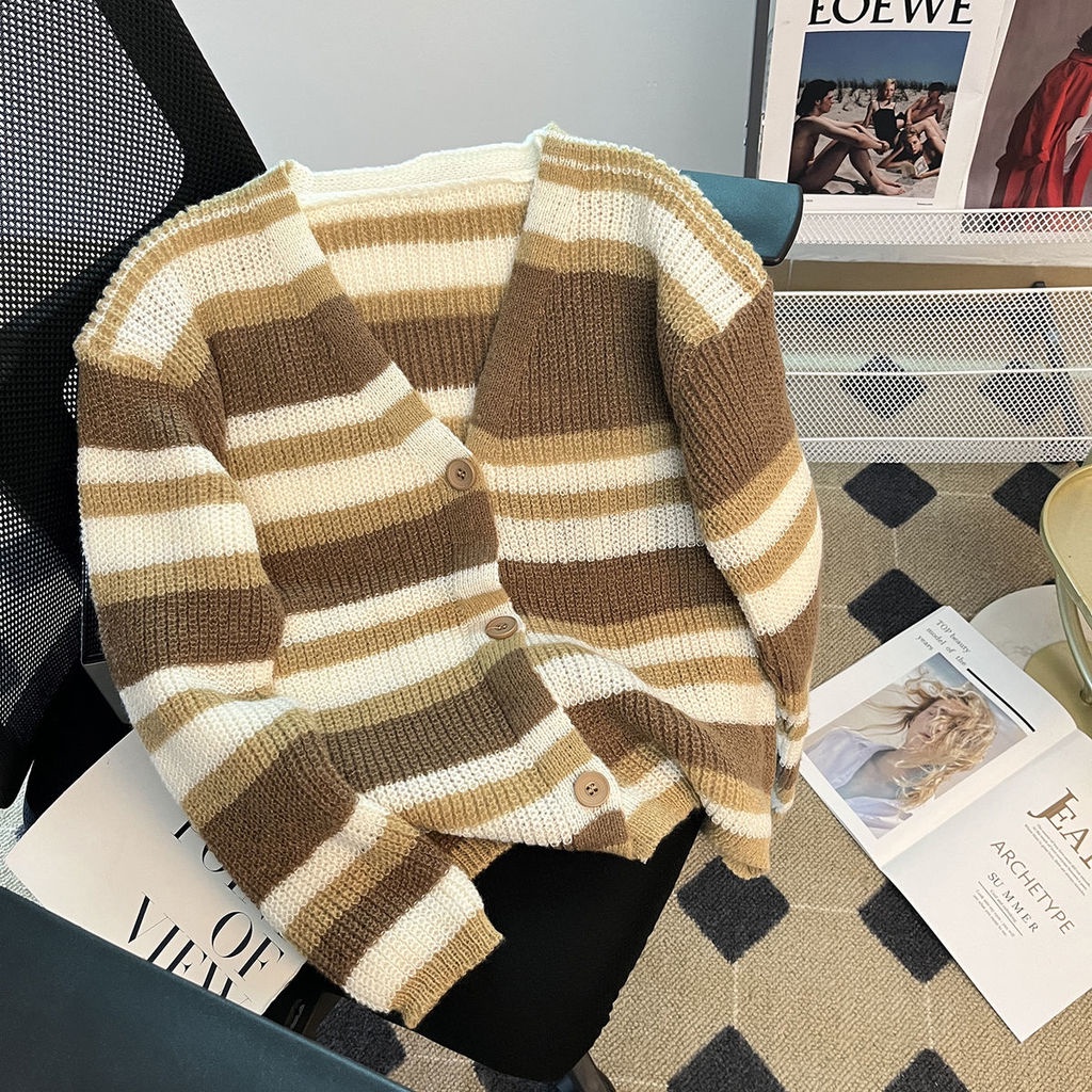 Áo Khoác cardigan Cổ Chữ v Họa Tiết Kẻ Sọc Màu Sắc Tương Phản Phong Cách Hàn Quốc
