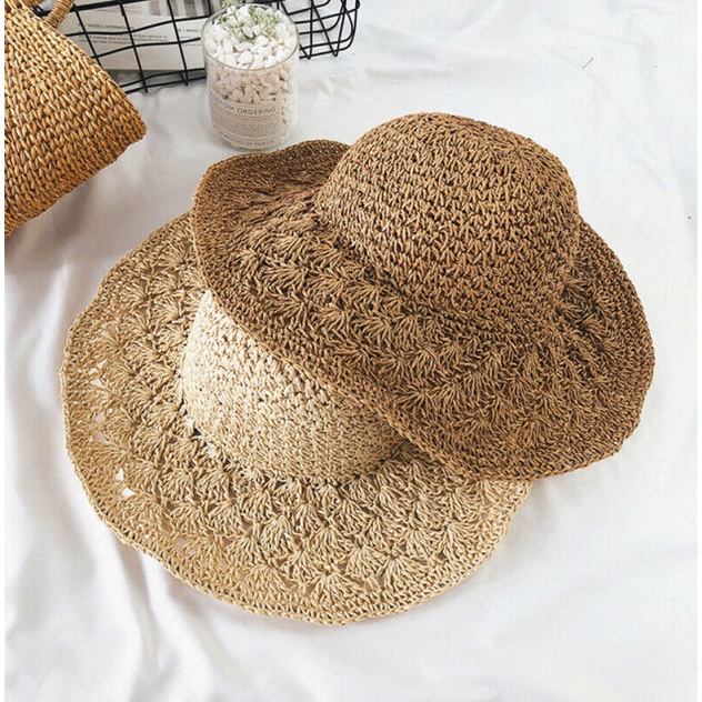 Mũ cói đi biển Vintage - đan móc chân chim và vảy cá