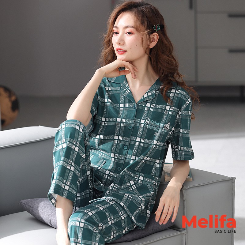 Bộ đồ Pijamas nữ ngắn tay quần dài kiểu kẻ Basic, Bộ đồ mặc nhà nữ chất cotton phong cách Hàn Quốc mã BD0168