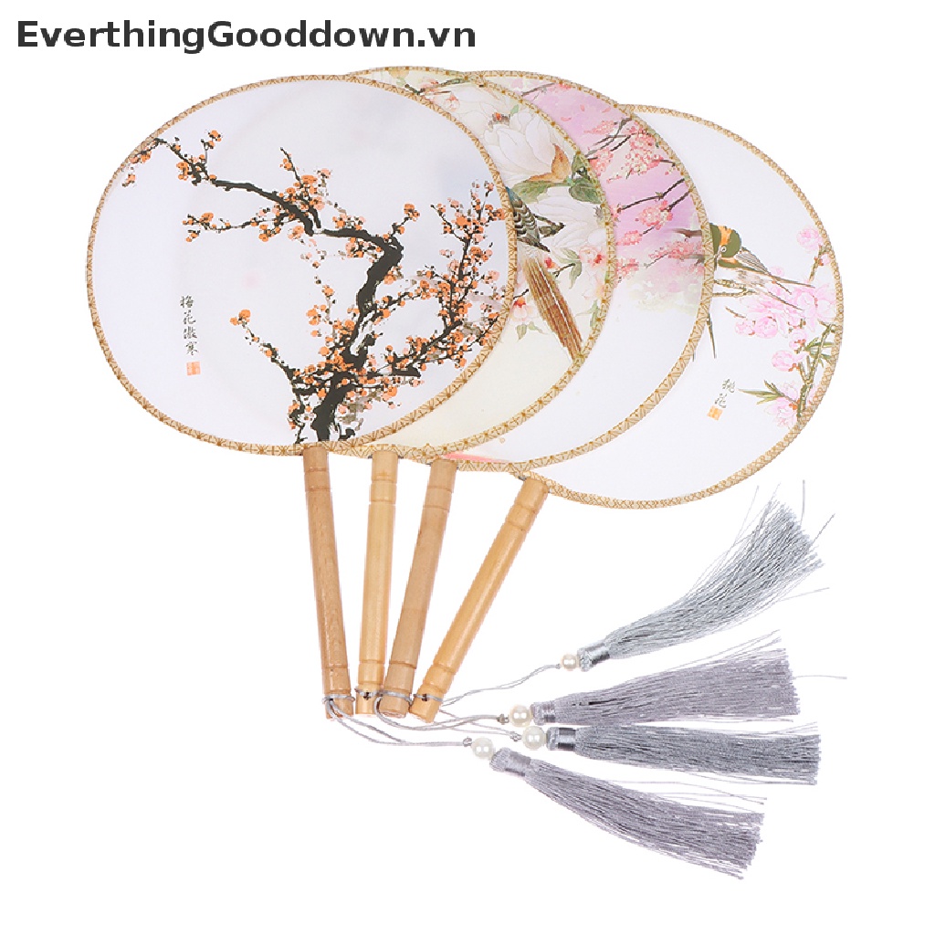 Everthinggooddown Quạt Tròn Cầm Tay Bằng Gỗ In Họa Tiết Phong Cách Trung Hoa Cổ Điển