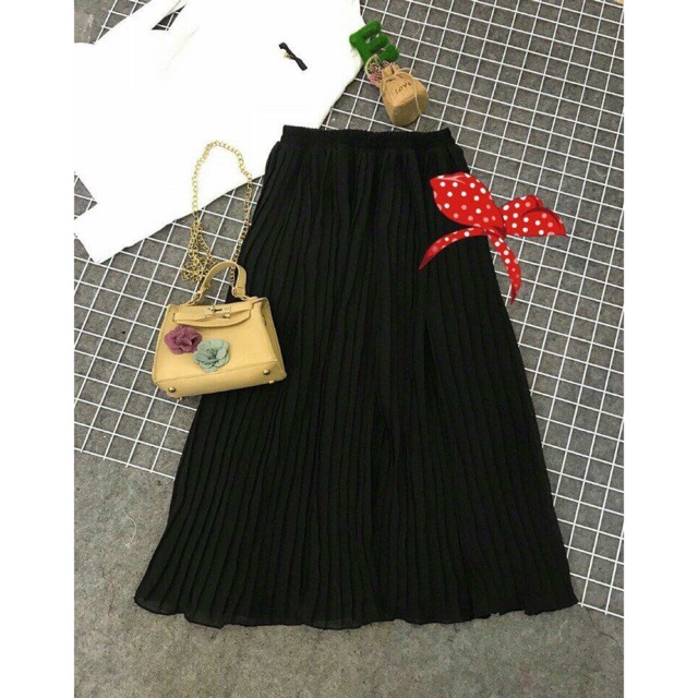 Chân váy midi dập ly hình thật 100%