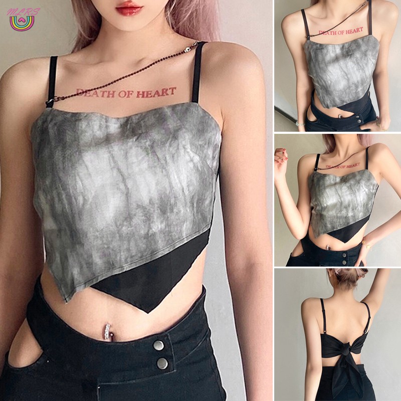 Áo dây bất đối xứng màu tương phản thích hợp đi tiệc và club vào mùa hè cho nữ