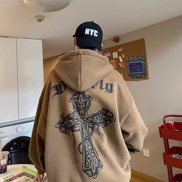Áo Hoodie Dài Tay Dáng Rộng In Chữ Thập Cá Tính Cho Nam Nữ Cỡ M-3XL