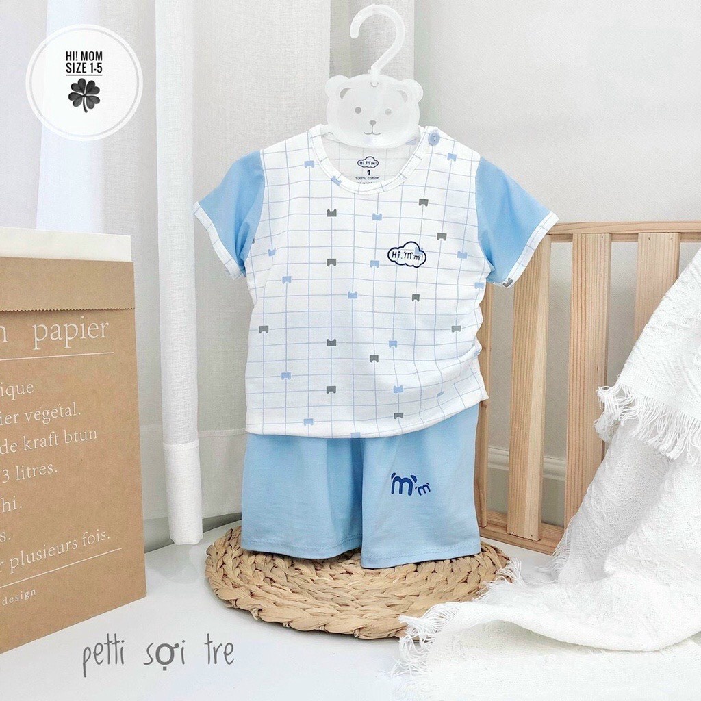 Bộ cộc tay Pettit Sợi tre cài vai, thun lạnh Hi Mom họa tiết kẻ Caro phối màu