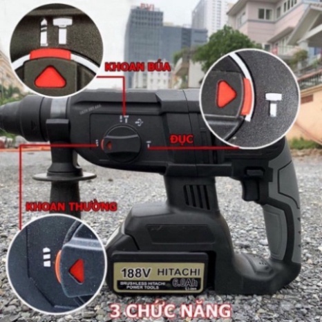 Máy Khoan Đục Bê Tông HITACHI 199V 3 Chức Năng, 2 PIN, Không Chổi Than Lõi Đồng 100%