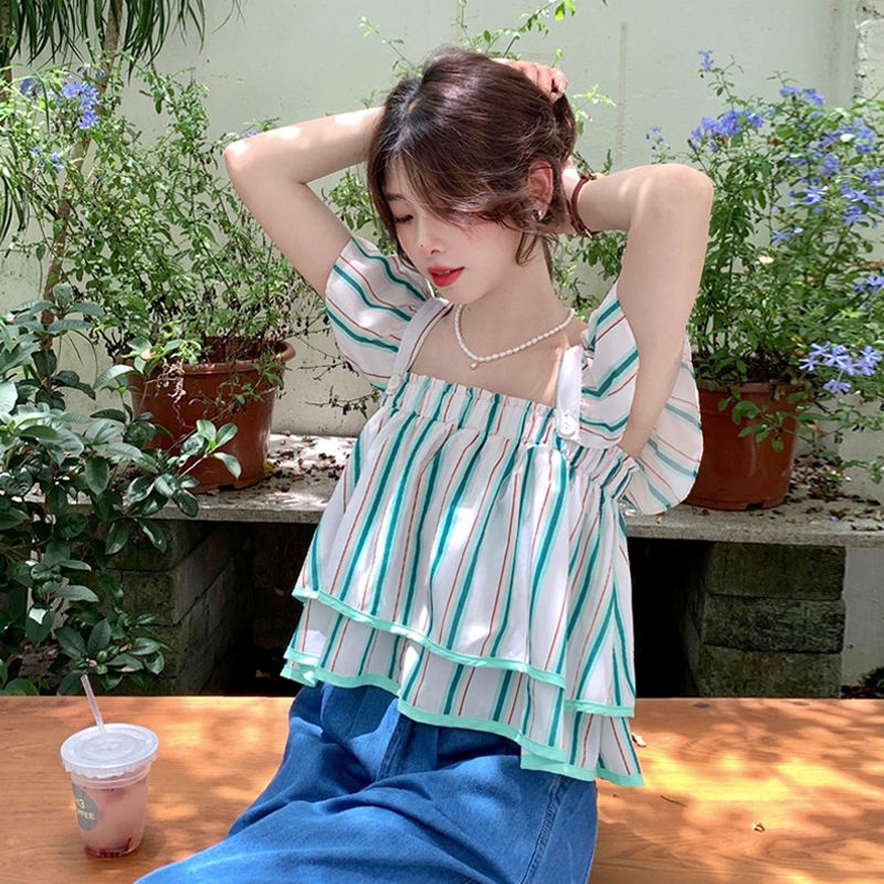 Áo Kiểu Cổ Vuông Họa Tiết Kẻ Sọc Thời Trang Mùa Hè Mới Cho Nữ