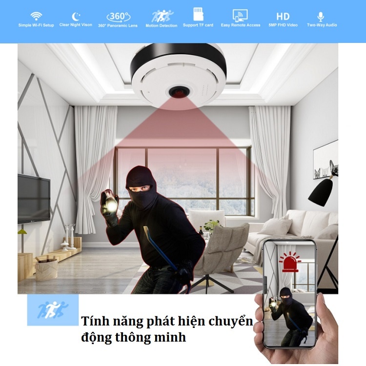 Camera Chống Chộm Gắn Trần Nhà, Kết Nối Wifi, Xem Từ Xa, Giám Sát Toàn Cảnh 360, Độ Phân Giải HD - Bảo Hành 12 Tháng