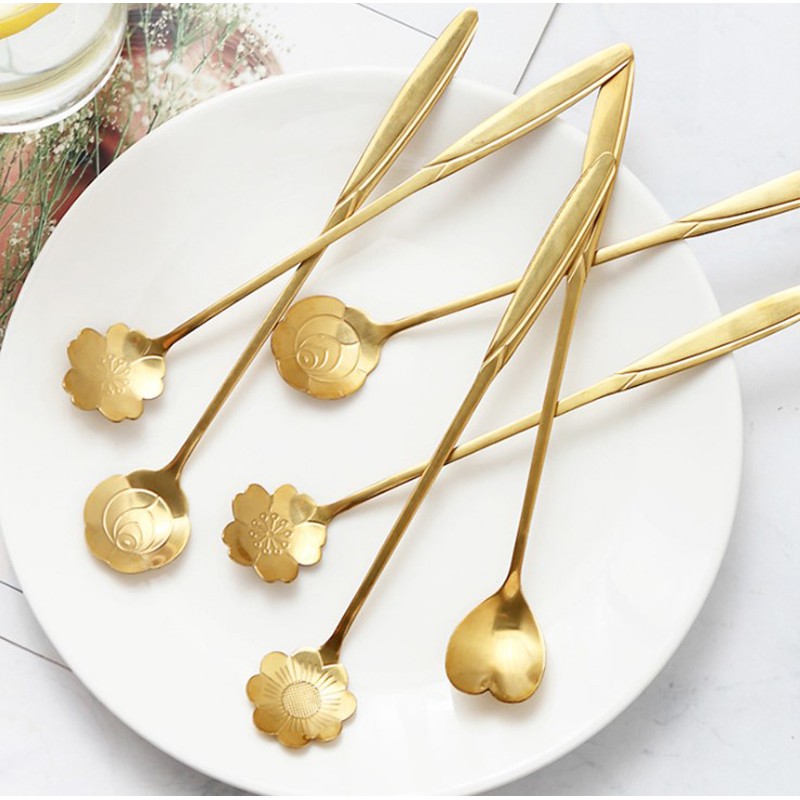 Thìa cà phê Inox cán dài 18cm hình bông hoa phong cách Nhật Bản