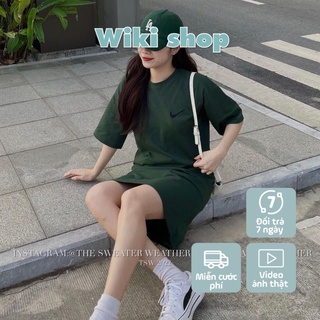 Váy đầm nữ cộc tay cổ tròn thêu logo dáng suông thun tăm phom rộng đen xanh lá hot trend freesize basic hàn quốc C926