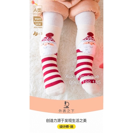Tất Vớ Trẻ Em, Hộp Set 3 Đôi Tất Mùa Đông Ống Dài Cotton Dày Ấm Áp, Tất Bông Giáng Sinh Noel Cho Bé 0-12 Tuổi