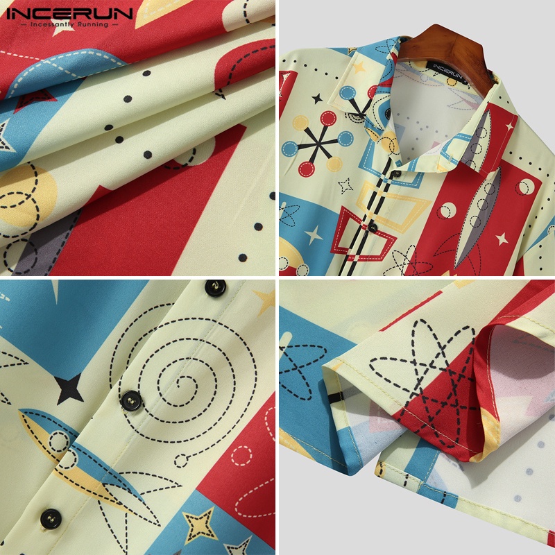 Áo sơ mi INCERUN tay ngắn in hình kèn trumpet phối nút thời trang đi biển cho nam