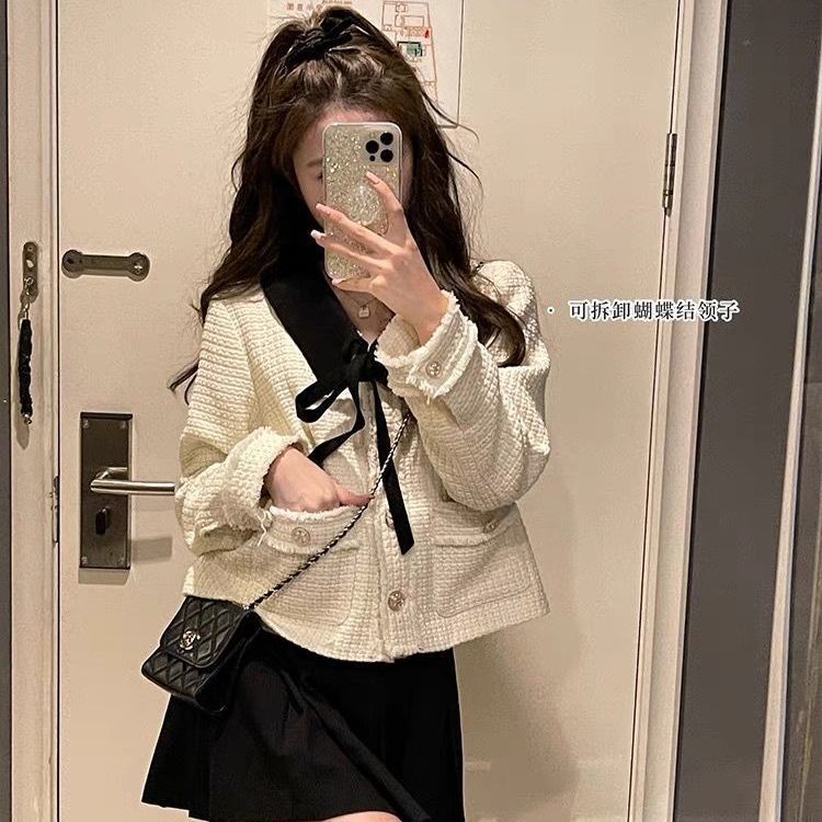 Áo Khoác Dạ Tweed Màu Trắng Dài Tay Hàn Quốc Retro