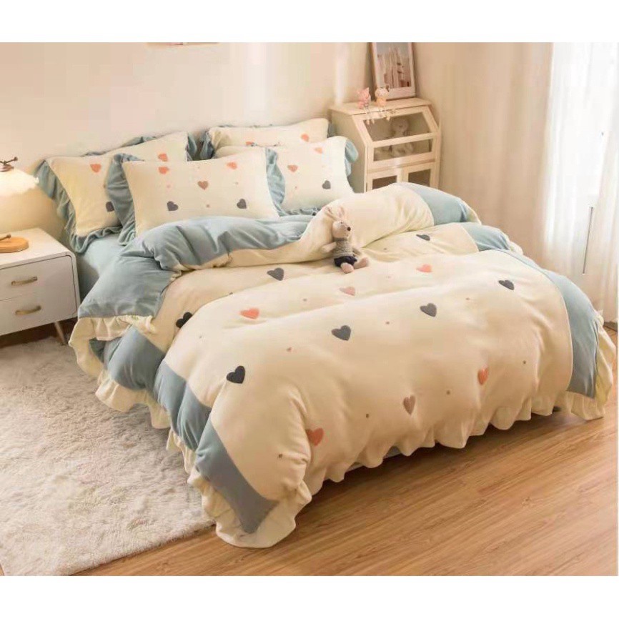 [LOẠI 1] Bộ Chăn Ga Gối tim 4 Món Nỉ Nhung mịn tuyết sữa Thêu Viền Bèo xinh xắn dầy dặn, siêu ấm Giá rẻ
