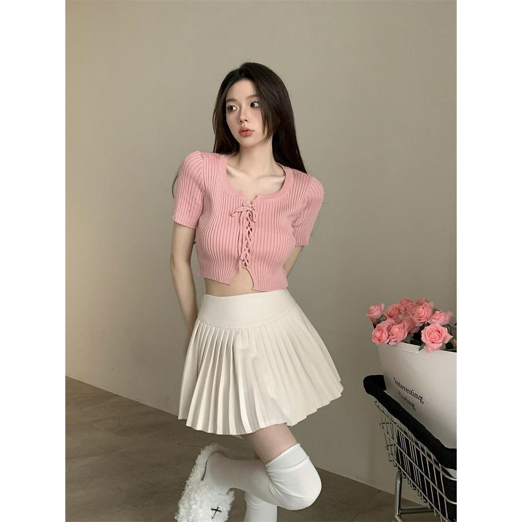 Áo Sweater Dệt Kim Cổ Vuông Cột Dây Dáng Ngắn Thời Trang 61048
