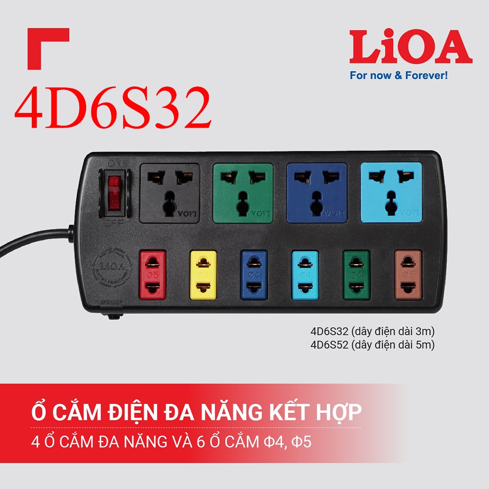 [CHÍNH HÃNG] Ổ cắm LiOA 10 lỗ kéo dài đa năng kết hợp 4D6S32 (3m) - 4D6S52 (5m) 10 ổ cắm 1 công tắc 2200W 10A có CB