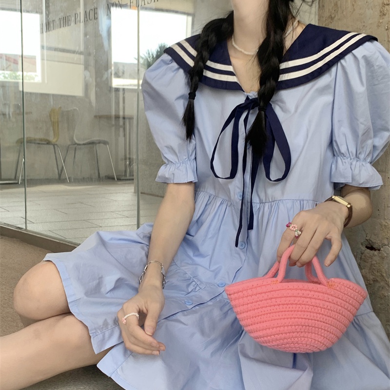 IELGY Đầm Dáng Rộng Màu Trắng Cà Vạt Màu Xanh Navy Thời Trang Cho Nữ