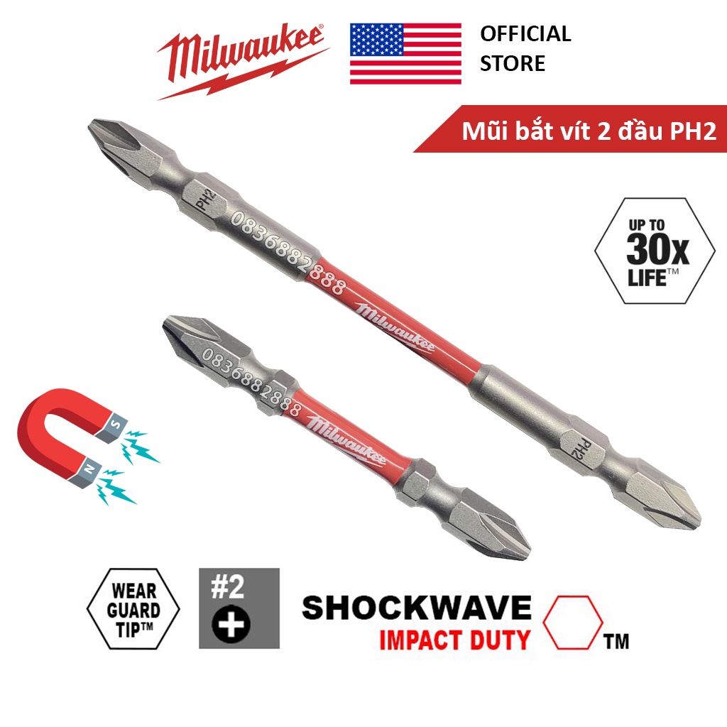 Mũi bắt vít 2 đầu 4 cạnh PH2 chính hãng Milwaukee Mỹ siêu bền, mũi vít PH2 đầu bake nam châm từ siêu cứng độ bền cao
