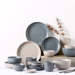 Bộ bát đĩa màu ghi be phong cách Hàn Quốc - Quà tặng tân gia - Gốm cao cấp