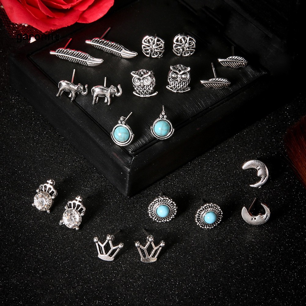 GA_10 Pairs Women Rhinestone Crown Elephant Owl Leaf Ear Studs Earrings Jewelry