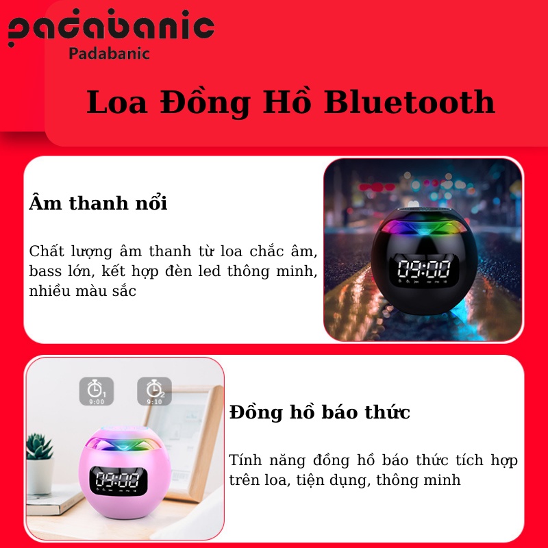 [Loa Đồng Hồ] Loa Bluetooth Padabanic Nghe Nhạc  Kiêm Đồng Hồ Báo Thức Nhỏ Gọn Tiện Lợi Dung Lượng Lớn
