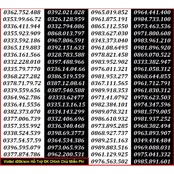Số Đẹp Viettel GIÁ RẺ 450K Có nhiều gói Ưu đãi Gọi + Data Được Hỗ Trợ ĐĂNG KÝ CHÍNH CHỦ Miễn Phí (Xem ở Chi Tiết )