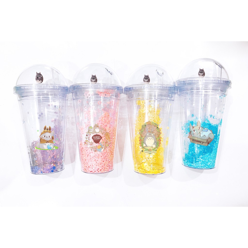 cốc 2 lớp kim tuyến totoro khủng long nắp cầu CNCKI16 cốc giữ nhiệt ly 2 lớp nắp cầu cốc làm lạnh dễ thương 500ml