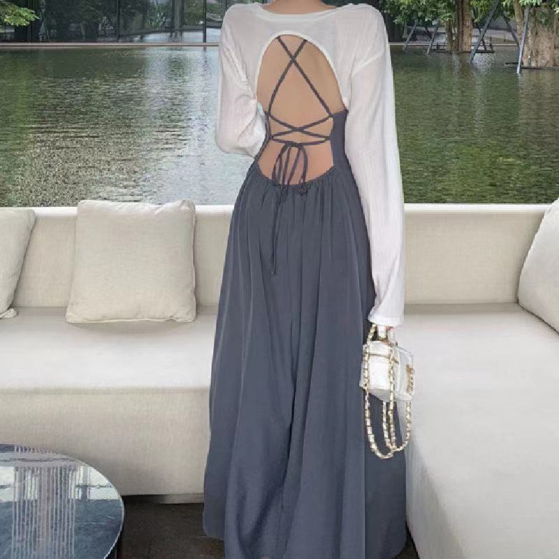 ✢▬Set Đầm Hai Dây Hở Lưng + Áo Sơ Mi Tay Dài Chống Nắng Phong Cách Quyến Rũ Dành Cho Nữ