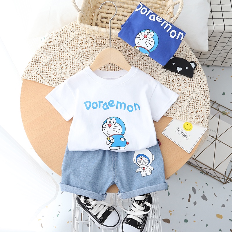 Set Áo Thun Tay Ngắn Cổ Tròn + Quần Short Denim In Hình Doraemon Thời Trang Mùa Hè Cho Bé Size 80-120cm