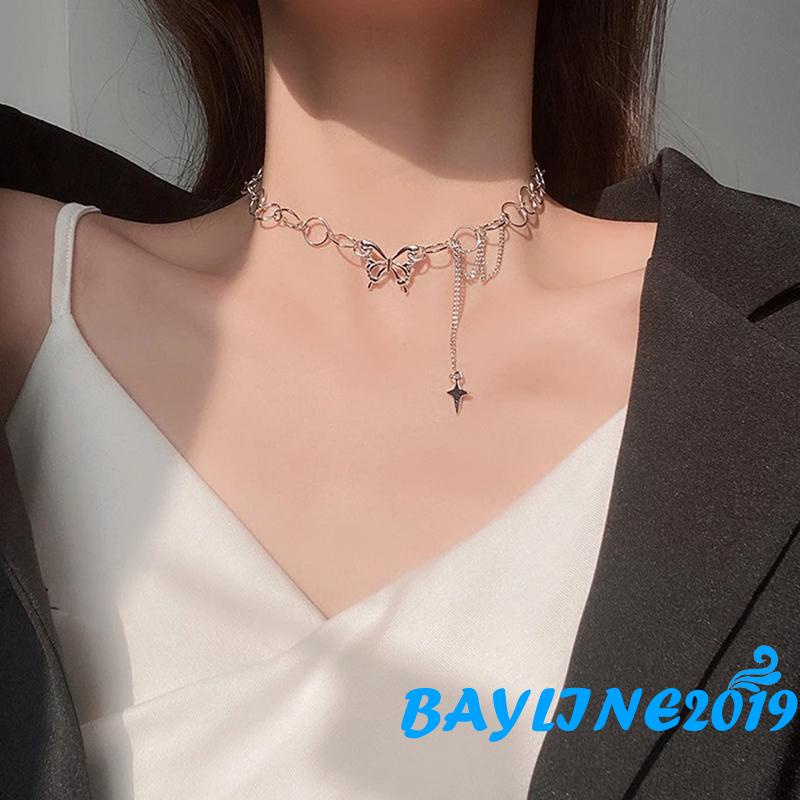 Bay-Women Butterfly Choker Necklace, Silver Adjustable Collarbone Chain, Gifts for Wife/ Girlfriend