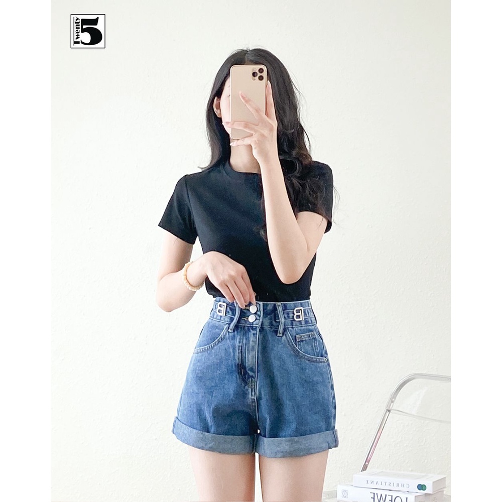 Quần short jeans nữ Twentyfive cúc đôi gấu gập cạp cao tôn dáng 4093