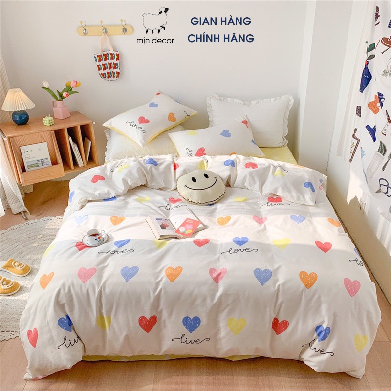 Set chăn ga gối 4 món cotton MỊN DECOR mềm mịn họa tiết dễ thương