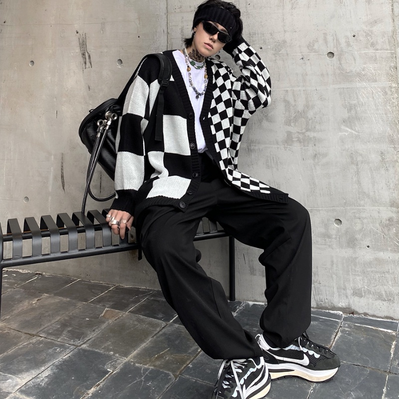 ✦AFFLIGA✦ Áo Khoác Cardigan Dệt Kim Dáng Rộng Họa Tiết Sọc Caro Trắng Đen Phong Cách Đường Phố Đơn Giản Thời Trang Xuân Thu Cho Nam Và Nữ