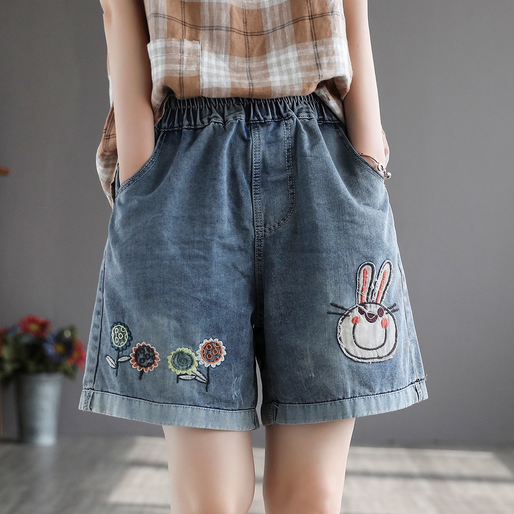Quần Short denim Ống Rộng Họa Tiết Thêu Phong Cách retro Thời Trang Mùa Hè 2022